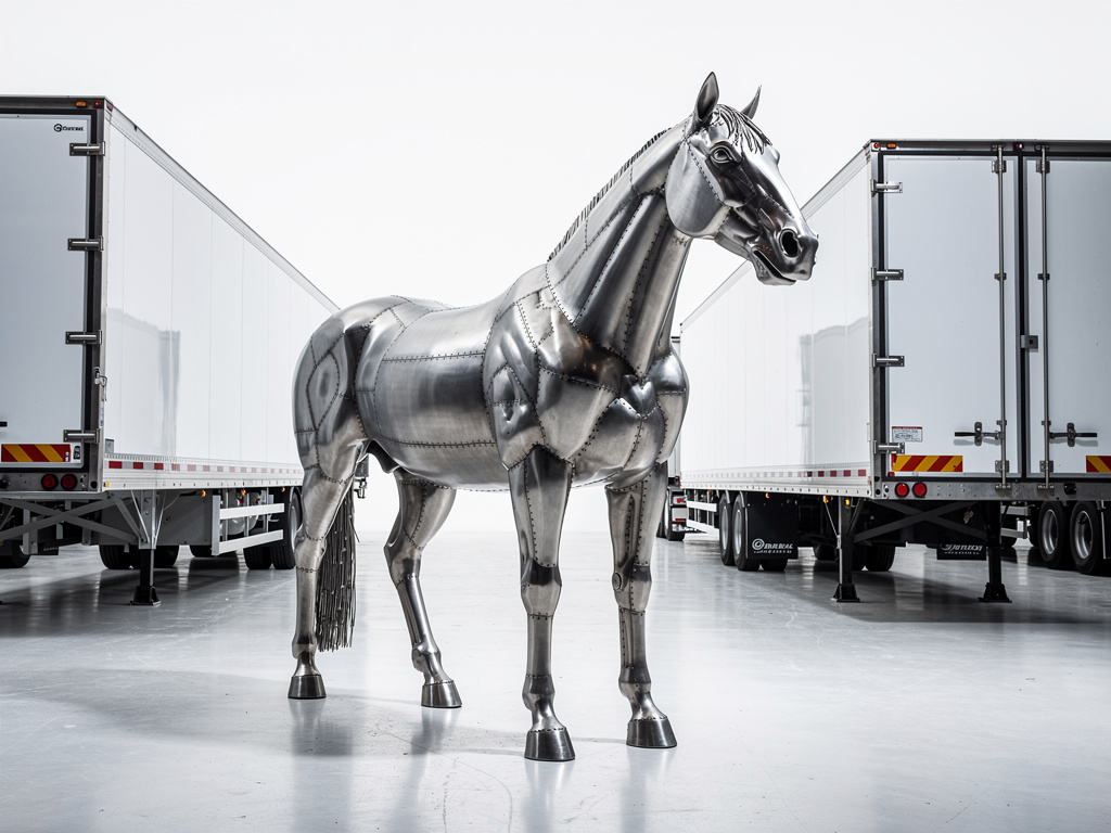 Escultura de caballo metálico entre remolques de camión en almacén industrial