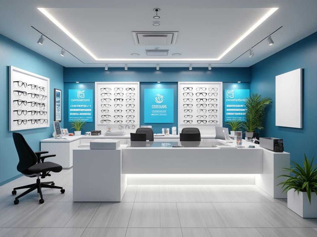 Moderno interior de óptica con gafas expuestas en paredes azules, mostrador blanco, y decoración minimalista.