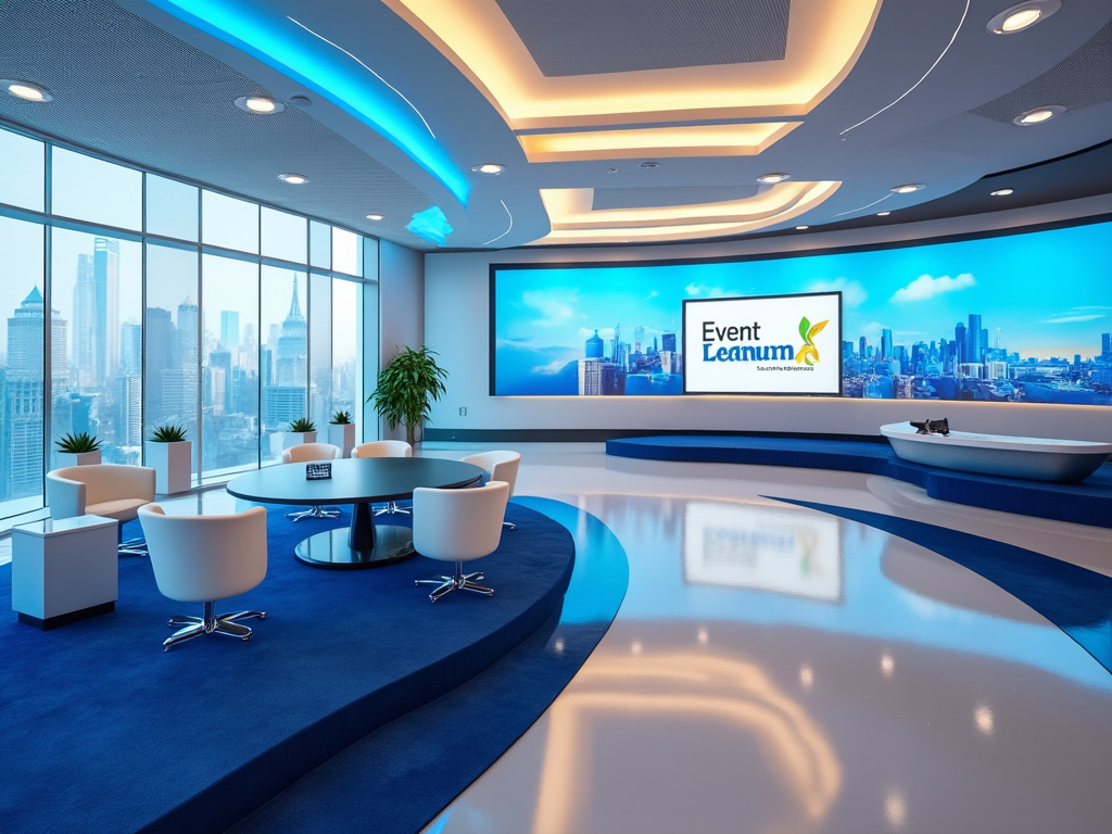 Sala de conferencias moderna con vista panorámica a la ciudad, decorada con luz azul, sillones blancos y pantalla grande con logo.