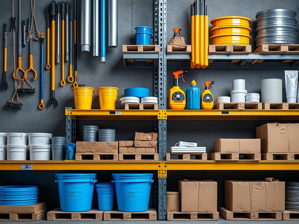 Estantería de almacén con herramientas de limpieza colgadas, cubos y latas de colores, cajas de cartón y botellas de spray organizadas.