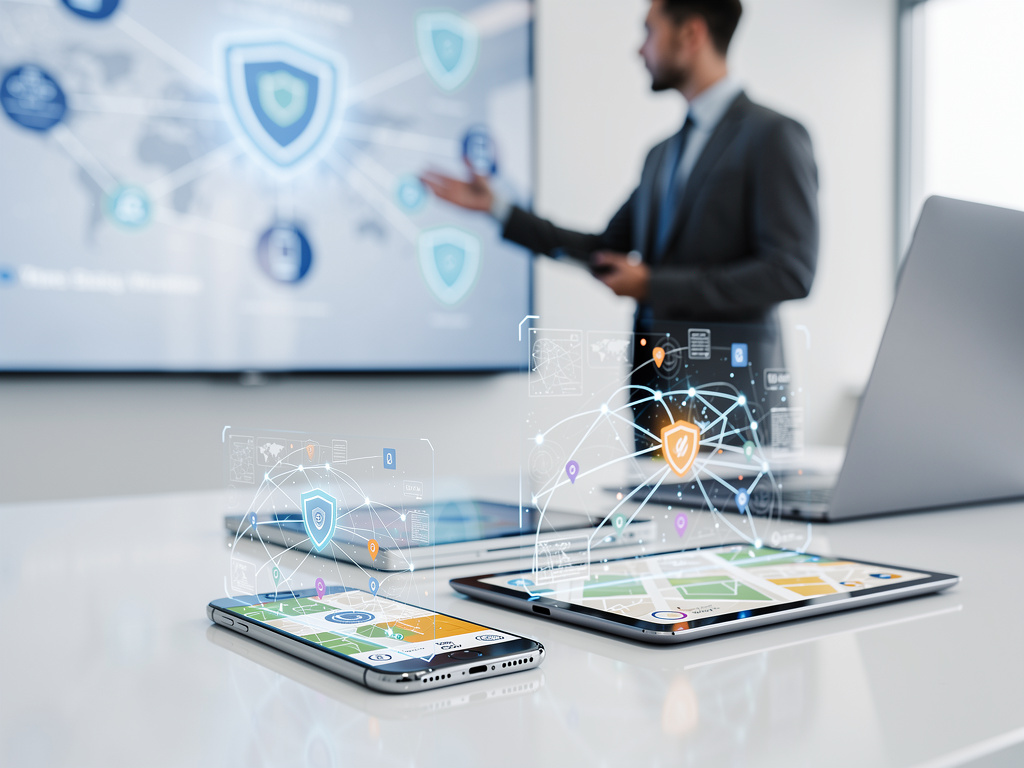 Dispositivos móviles con mapas y escudos digitales de ciberseguridad durante una presentación empresarial