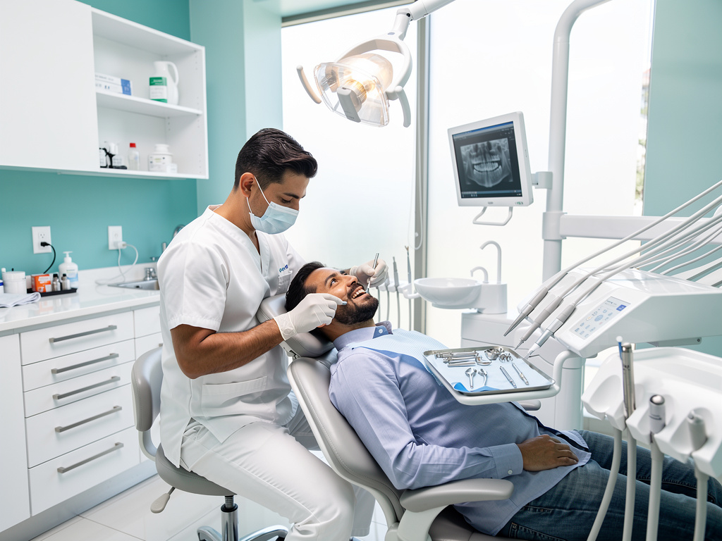 Dentista atendiendo a paciente en clínica dental moderna con equipo odontológico y radiografía panorámica