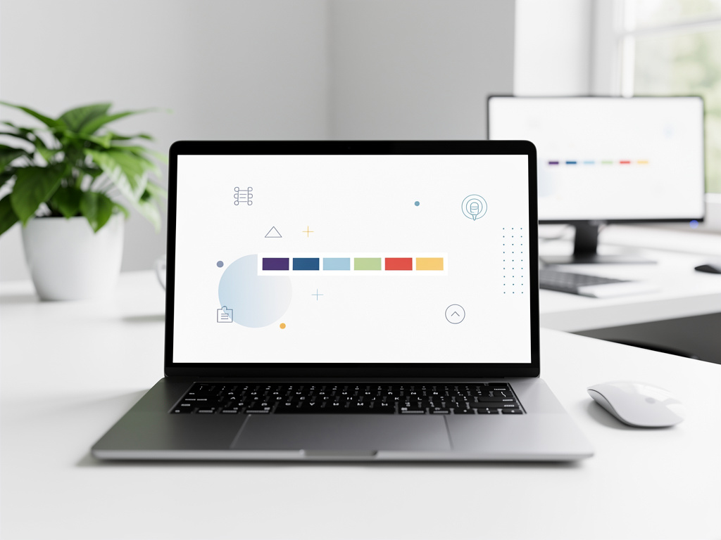 Modern laptop on office desk displaying colorful UI design elements with monitor, mouse, and plant in bright workspace Modern laptop on office desk displaying colorful UI design elements with monitor, mouse, and plant in bright workspace