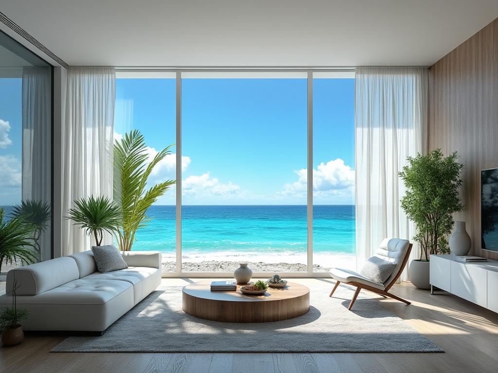 Sala de estar moderna con sofá gris, mesa de café redonda, plantas verdes y grandes ventanales. Sala de estar moderna con sofá gris, mesa de café redonda, plantas verdes y grandes ventanales.