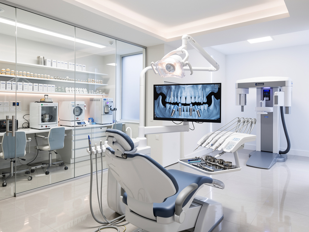 Clínica dental moderna con sillón odontológico, equipo de rayos X panorámico y pantalla con imagen de implantes dentales Clínica dental moderna con sillón odontológico, equipo de rayos X panorámico y pantalla con imagen de implantes dentales