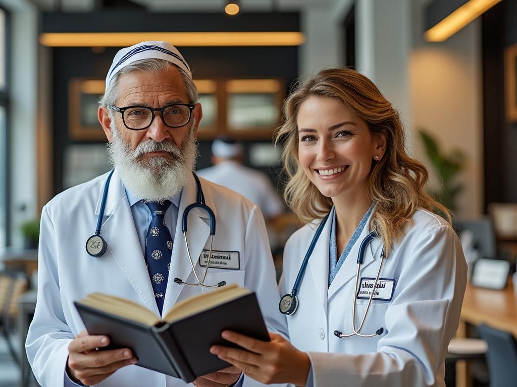 Senior male doctor and young female doctor in lab coats, smiling and holding a book in a modern medical office. Senior male doctor and young female doctor in lab coats, smiling and holding a book in a modern medical office.