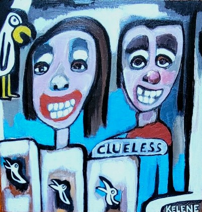 Title: Clueless 12 x 12 acrylic on wood 2024 $90.00