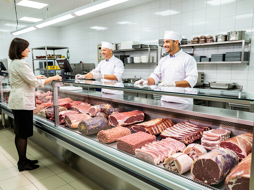 Carnicería moderna con mostrador de carnes frescas y carniceros atendiendo a una clienta