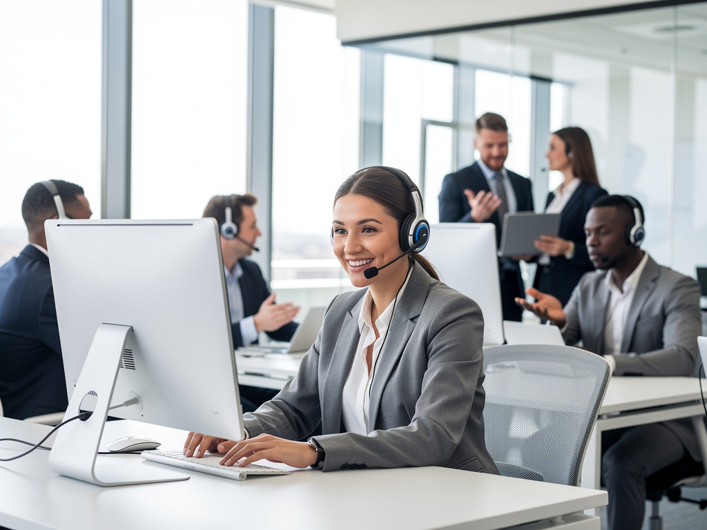 Agente de atención al cliente con auriculares trabajando en oficina moderna con equipo de soporte