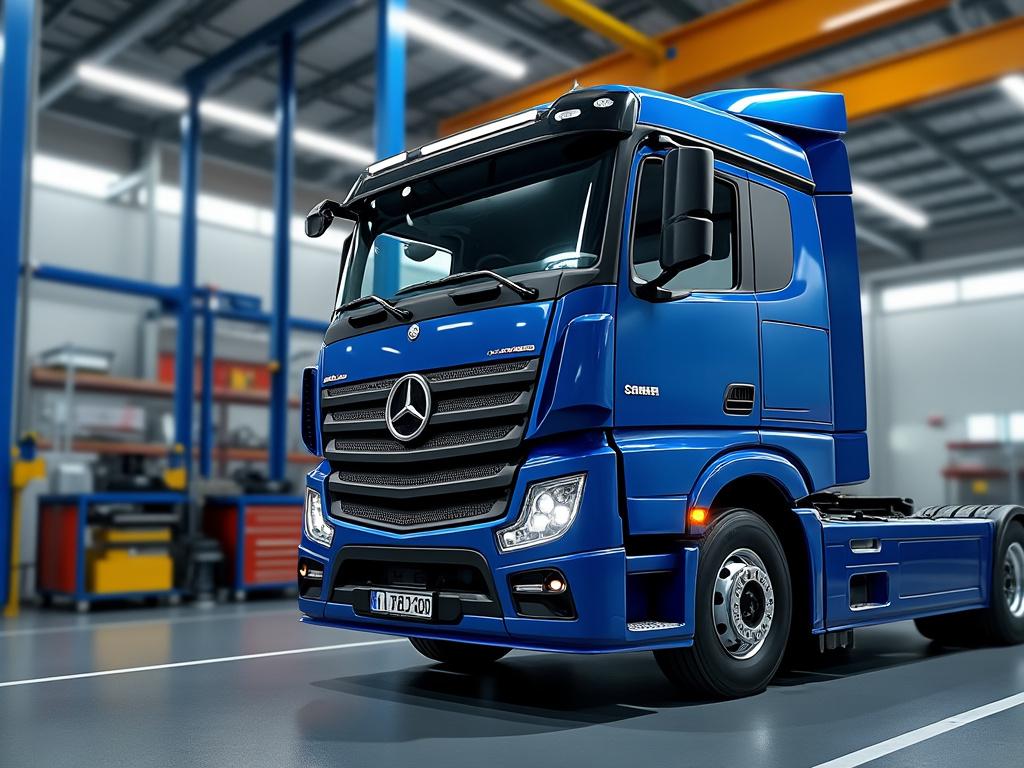 Camión azul Mercedes-Benz en un taller mecánico moderno con herramientas y equipos en el fondo.