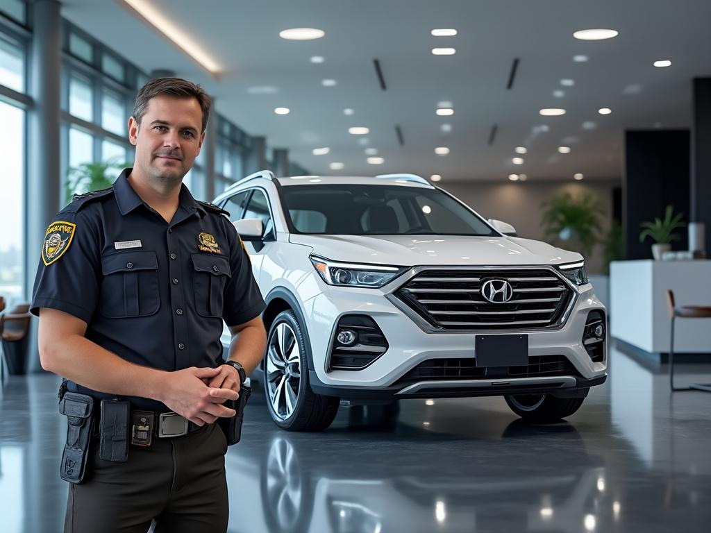 Security officer standing beside a white Hyundai SUV in a modern showroom setting.