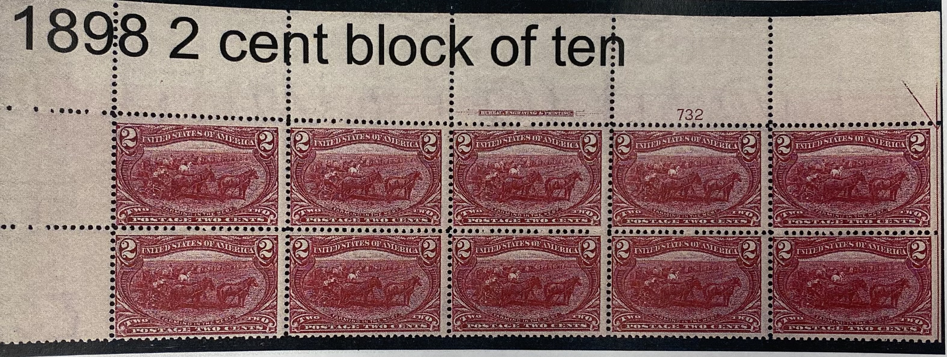 1898 Trans-Mississippi 2 cent
Plate block of 10