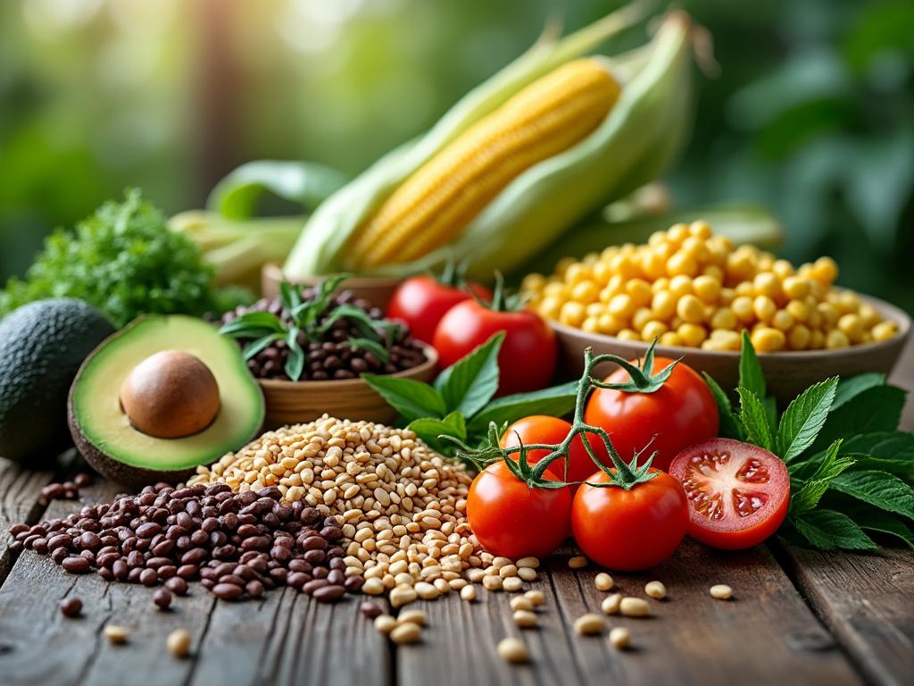 Variedad de alimentos frescos sobre mesa de madera, incluyendo aguacate, tomates, maíz, frijoles y quinoa.