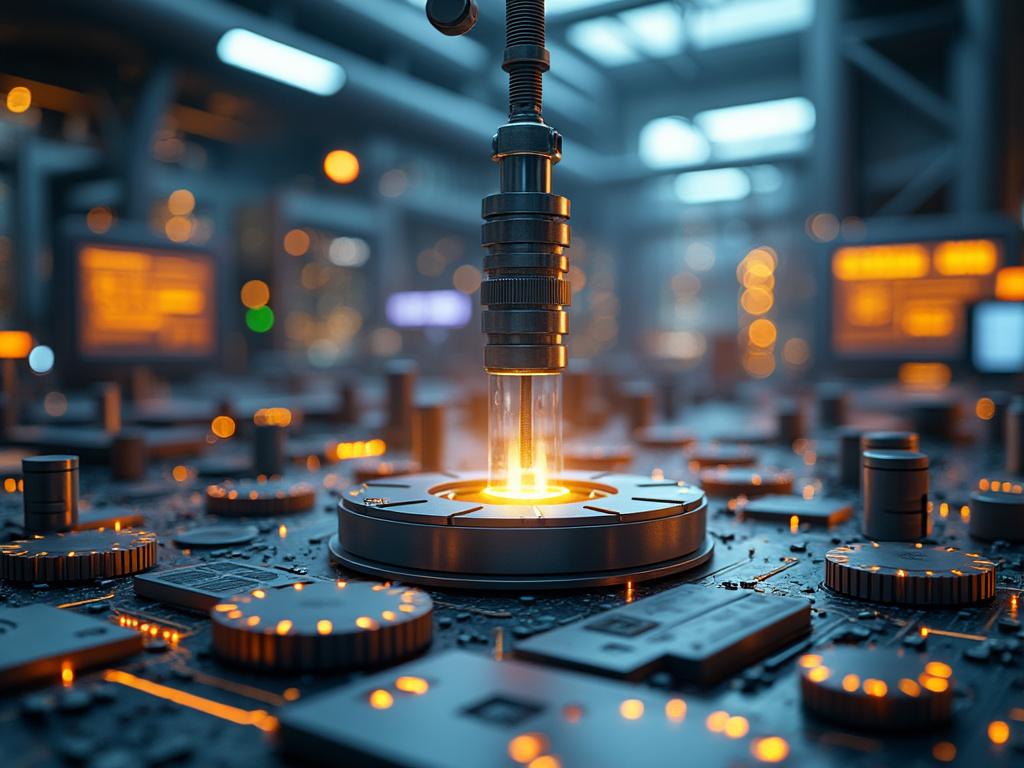 Primer plano de un proceso de fabricación automatizado en una fábrica moderna, con componentes electrónicos iluminados por luces anaranjadas.