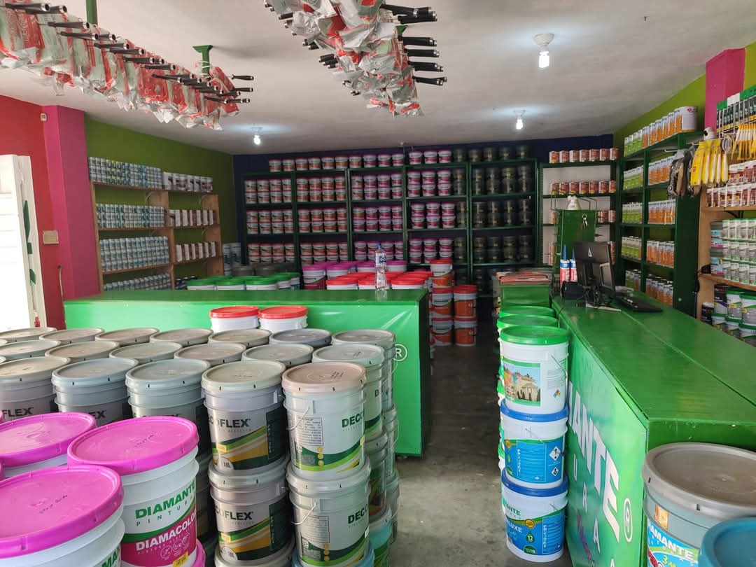 Tienda de pinturas con estantes llenos de latas de pintura de varios colores y tamaños, mostrador verde al frente.