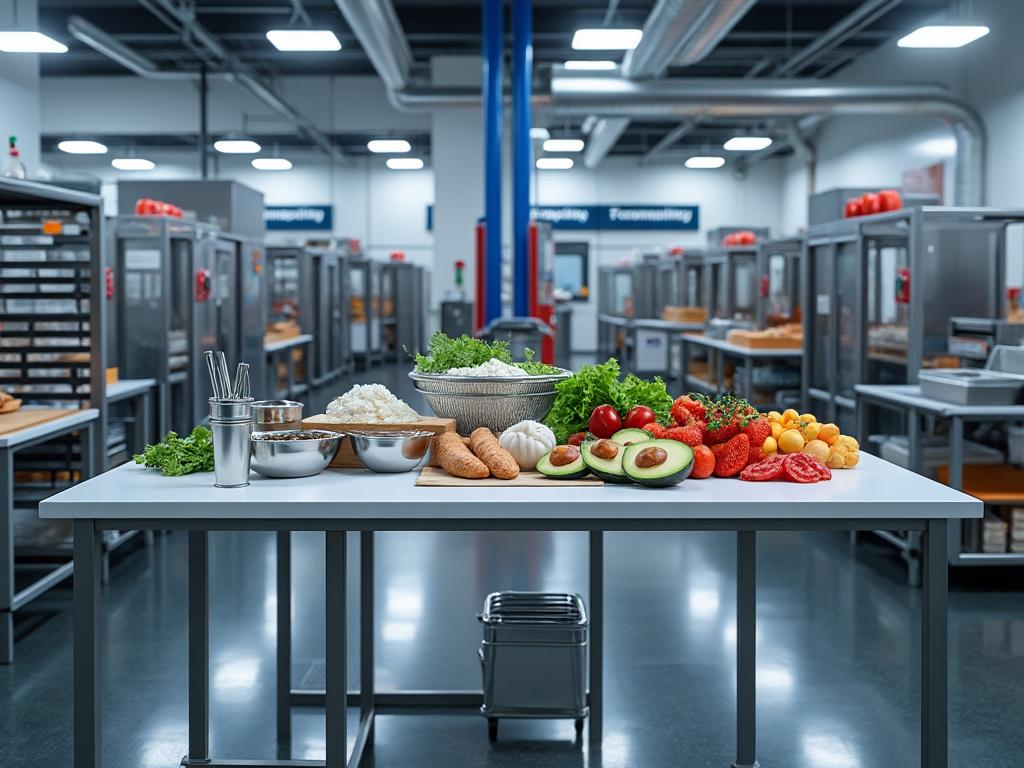 Mesa en una cocina industrial con ingredientes frescos como aguacates, tomates, vegetales y pan en el centro.