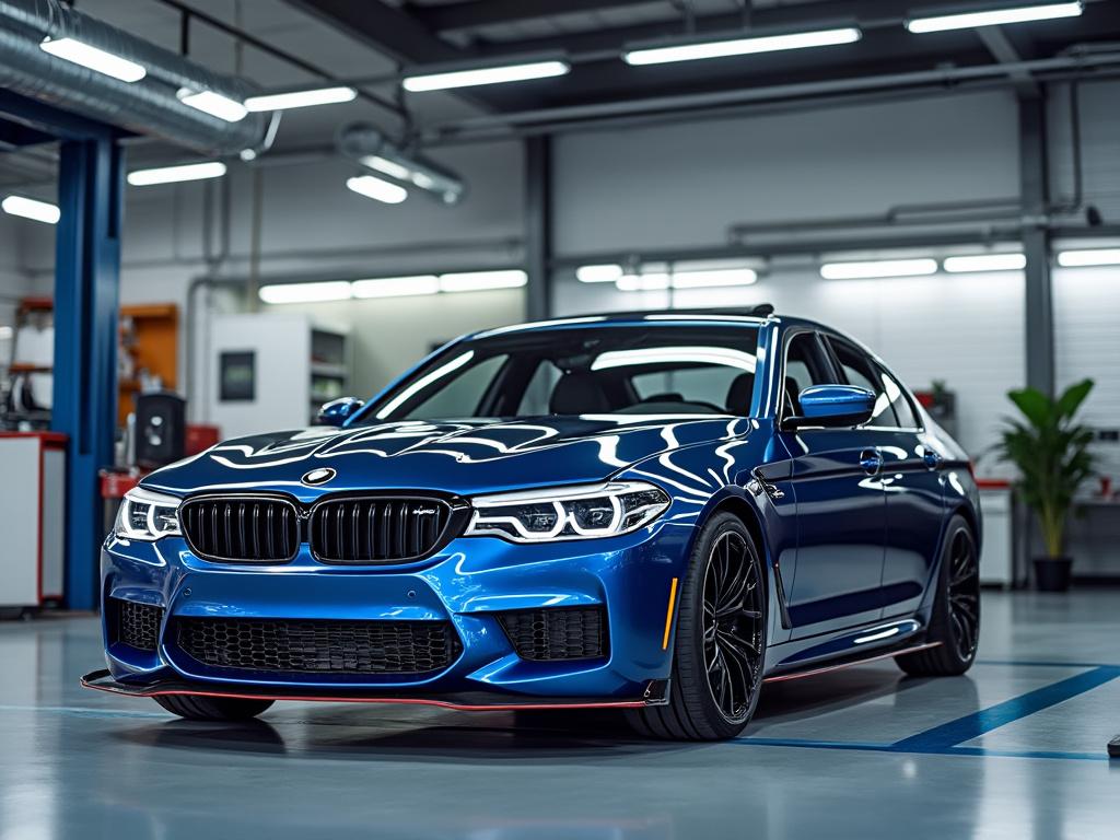 Sleek blue sports sedan in a modern garage with bright overhead lights.