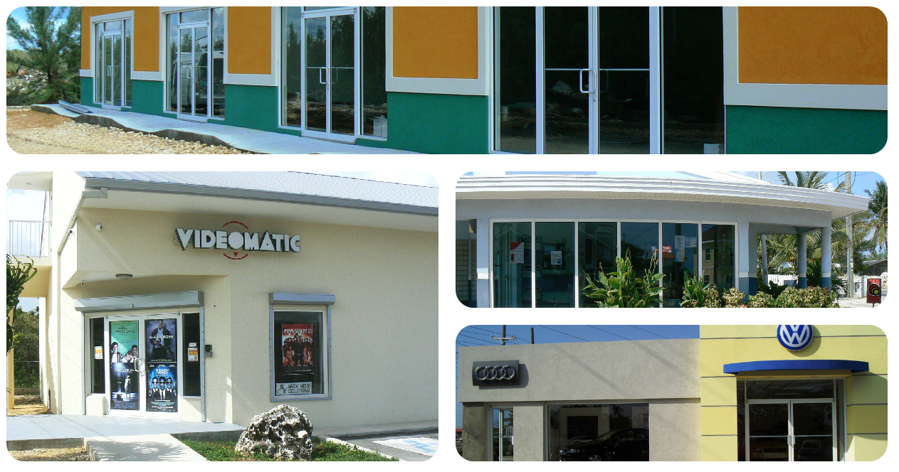 Collage of commercial building exteriors including a shop with Videomatic sign, a green and yellow storefront, a building with a glass facade, and car dealerships with Audi and Volkswagen logos.