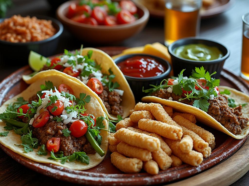 Plato de tacos con carne, guacamole y salsa roja, acompañado de palitos de pan en un restaurante mexicano.