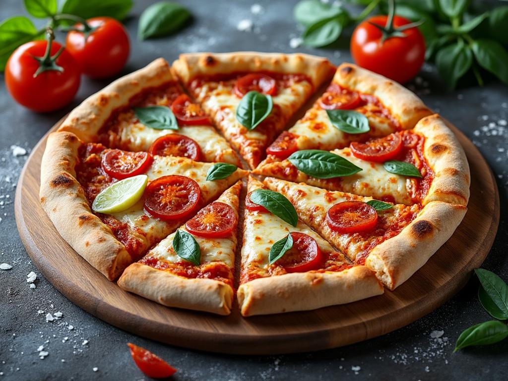 Pizza margarita con rodajas de tomate y albahaca fresca sobre una tabla de madera, fondo de ingredientes.