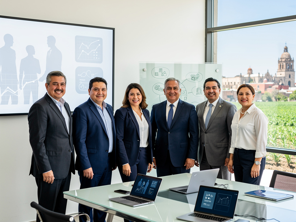 Equipo ejecutivo en sala de juntas con laptops y vista a campos agrícolas y catedral