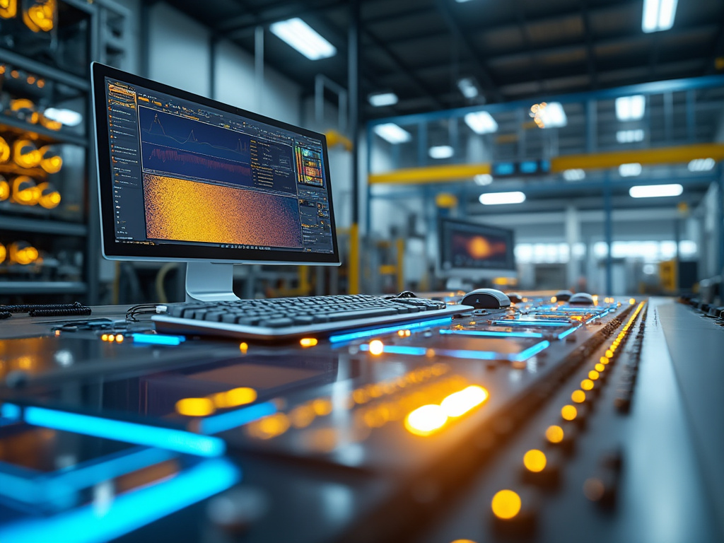 Sala de control moderna con monitores que muestran datos analíticos y paneles iluminados.