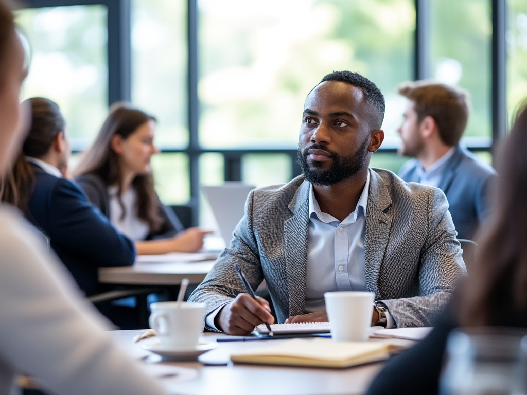 Professional man in a grey suit taking notes during a business meeting, with colleagues in the background.