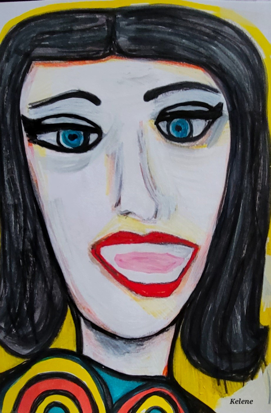 Title: Black haired woman. 12 x 14 pen and paint on paper. Kelene 2022 $120.00 framed