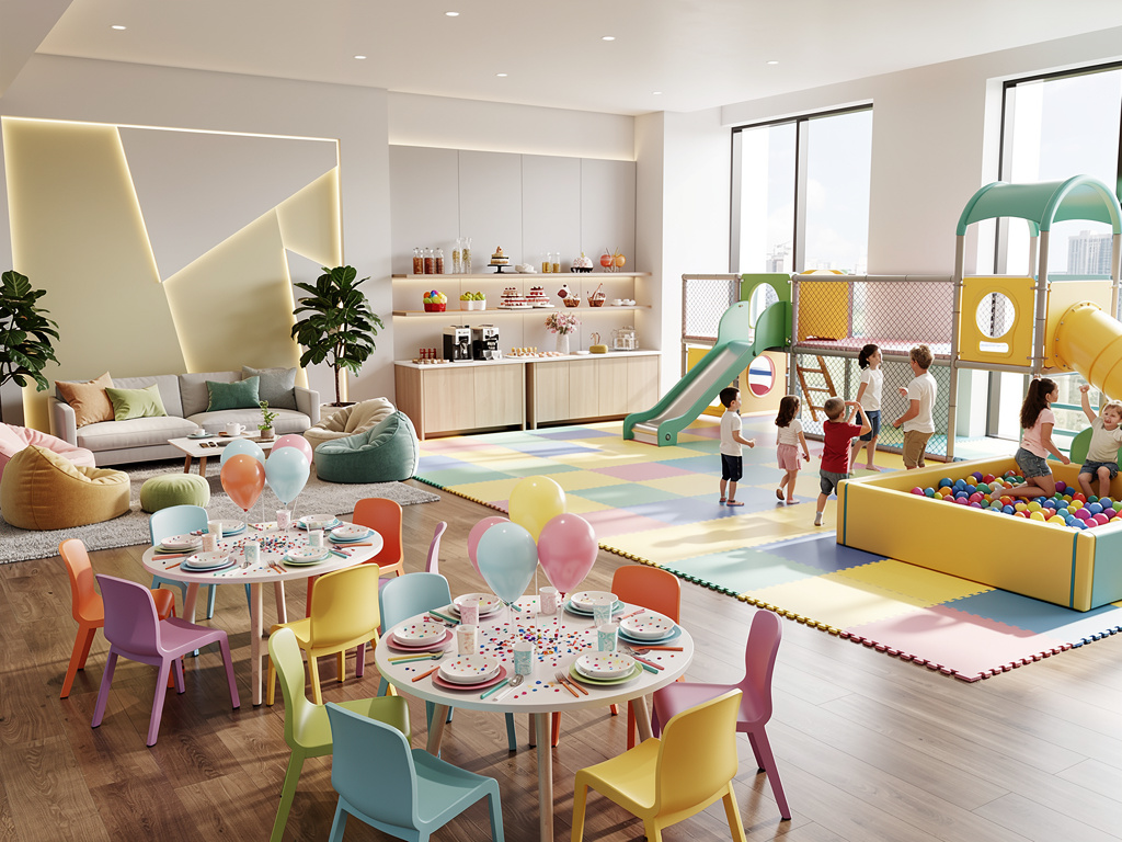 Sala de juegos infantil moderna para fiestas con mesas coloridas, globos, parque de bolas, tobogán y niños jugando