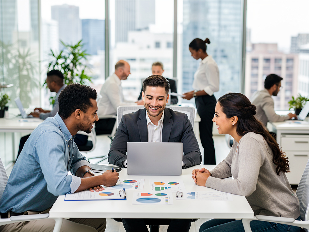 Equipo de negocios diverso en reunión de oficina analizando gráficos y portátil