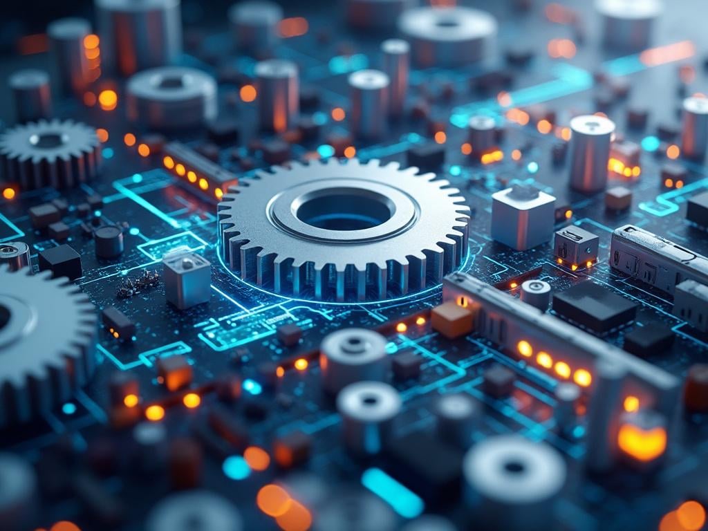 Futuristic technology circuit board with gears and glowing orange lights.
