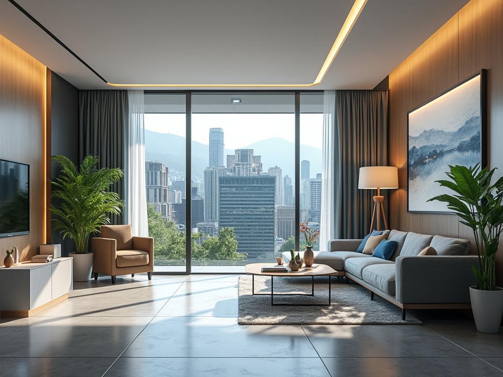 Sala de estar moderna con muebles elegantes, plantas y grandes ventanales con vista a la ciudad.