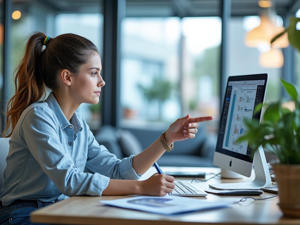 Focused woman in casual attire working on a desktop computer, pointing at a screen displaying data charts, in a modern office setting with plants.