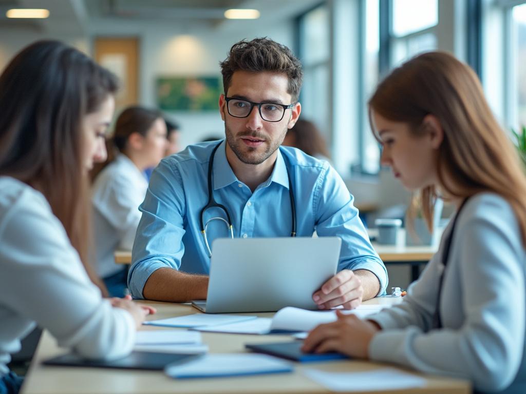 Un grupo de jóvenes profesionales trabajando en colaboración alrededor de una mesa en una oficina moderna, con un hombre usando gafas y un estetoscopio.