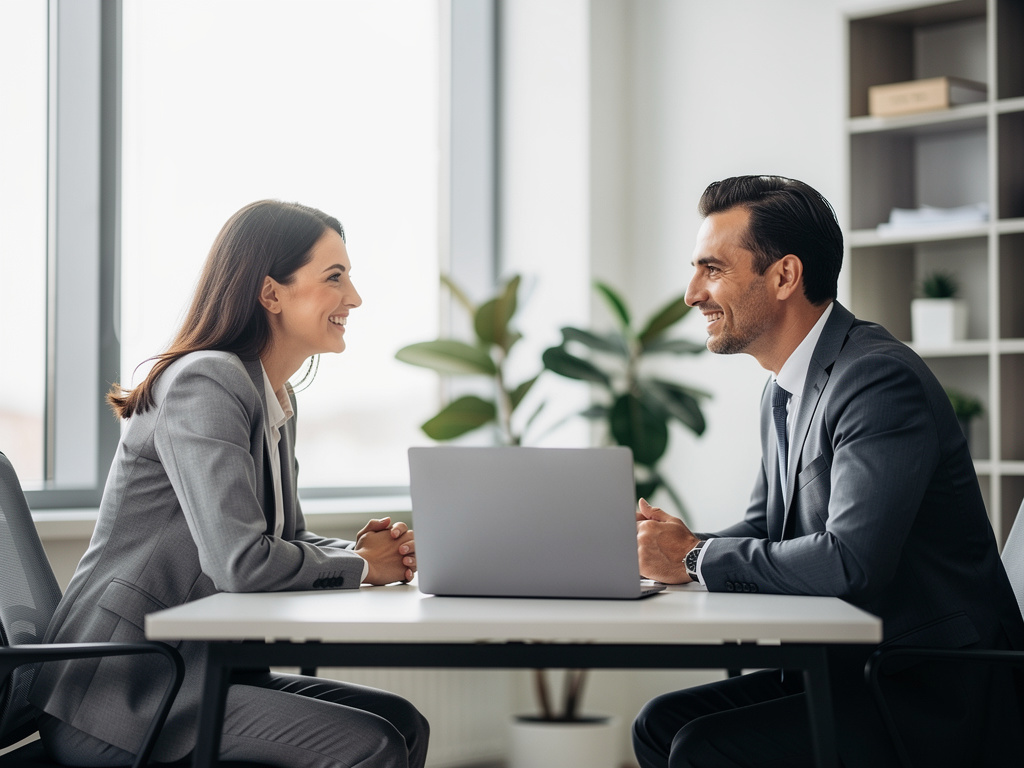 Dos profesionales de negocios sonriendo durante una reunión en oficina moderna con portátil sobre la mesa