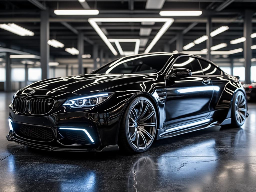 Sleek black sports car with LED headlights in a modern garage setting