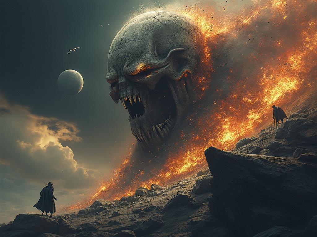 Epic fantasy scene with two figures facing a colossal fiery monster with a skull-like head on a rocky landscape, illuminated by a dramatic sky and distant moon.