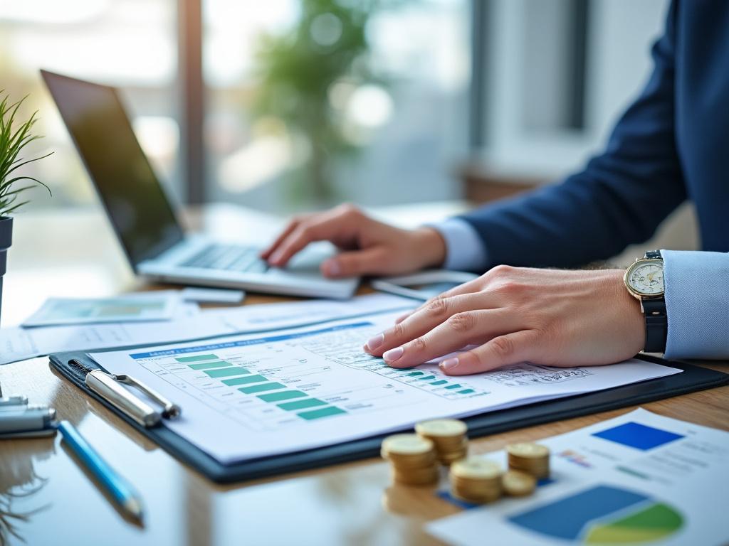 Hombre trabajando con gráficos financieros y computadora portátil, monedas y gráficos en la mesa.