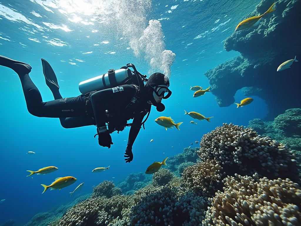 Buceador explorando arrecife de coral con peces amarillos en un océano azul claro.