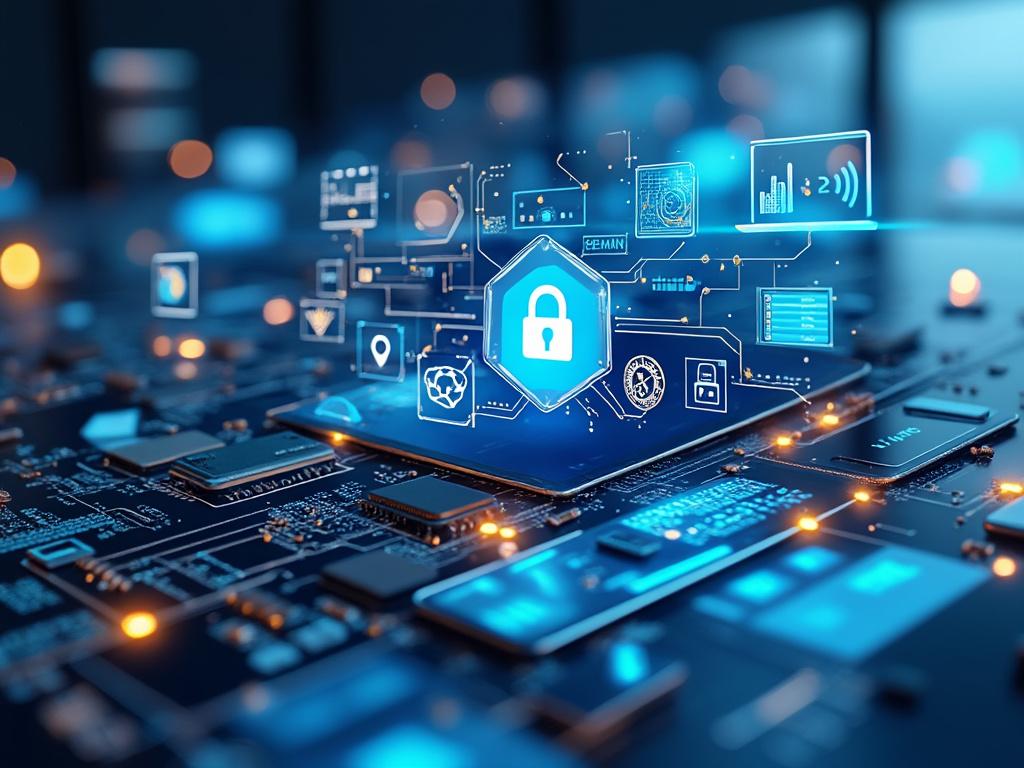 Ilustración de ciberseguridad con íconos digitales y candado sobre un circuito impreso.