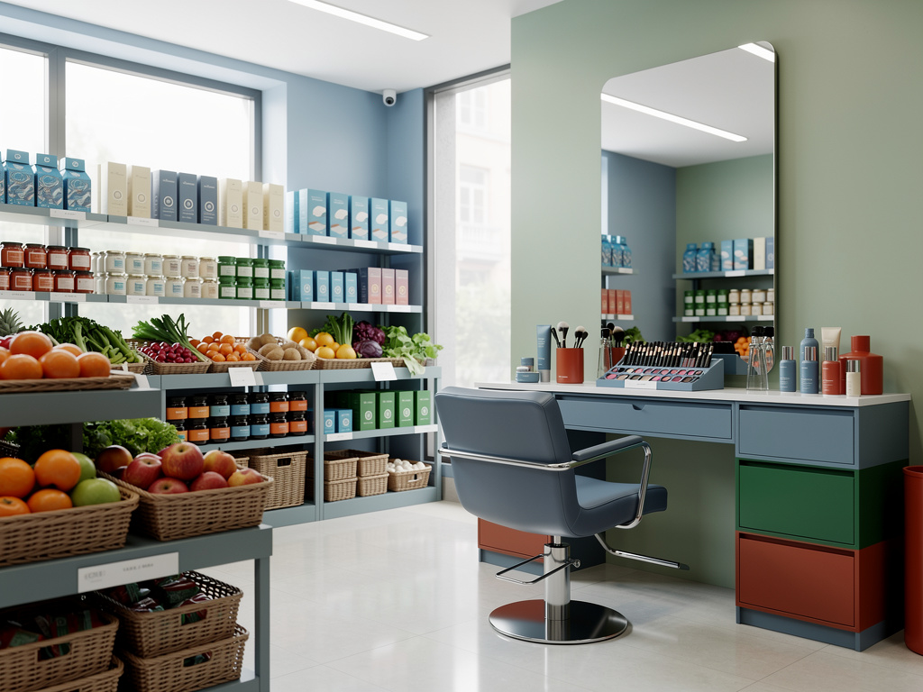 Interior de tienda de belleza orgánica con tocador, espejo, productos cosméticos y estanterías con frutas y alimentos naturales Interior de tienda de belleza orgánica con tocador, espejo, productos cosméticos y estanterías con frutas y alimentos naturales