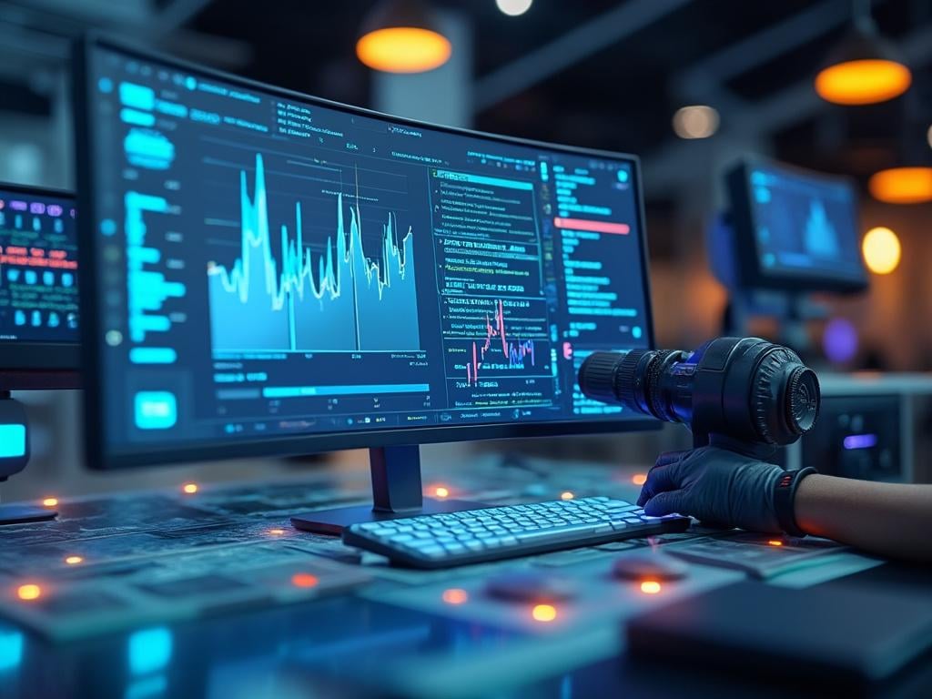 Monitor con gráficos y datos en pantalla, teclado y mano en guante negro sobre una mesa iluminada, fondo de oficina moderna. Monitor con gráficos y datos en pantalla, teclado y mano en guante negro sobre una mesa iluminada, fondo de oficina moderna.