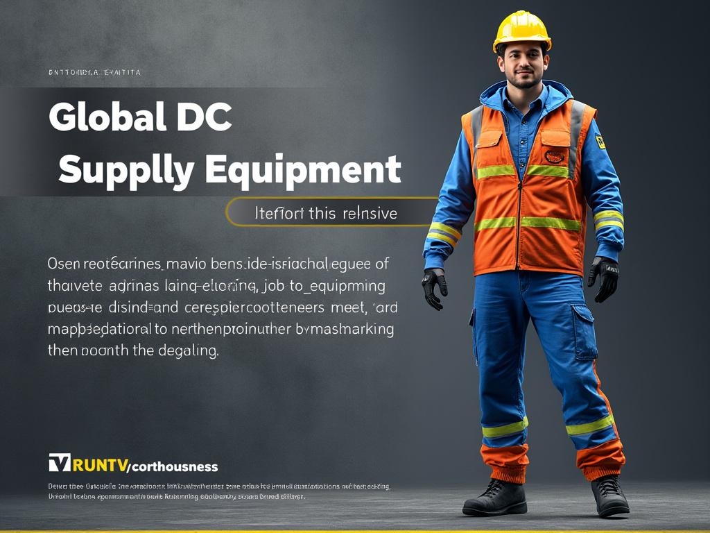 Worker in safety gear with helmet and vest beside text about Global DC Supply Equipment on a gray background.
