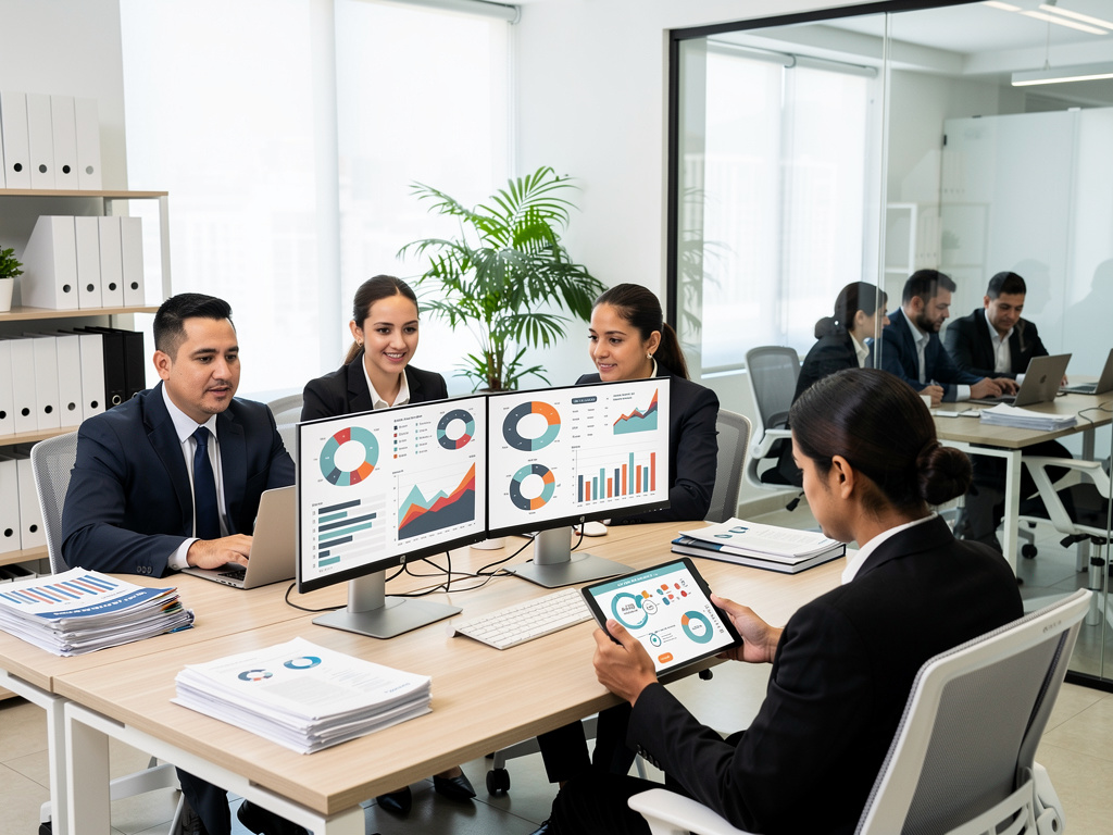 Business team reviewing financial analytics dashboards on monitors and tablet in a modern office meeting