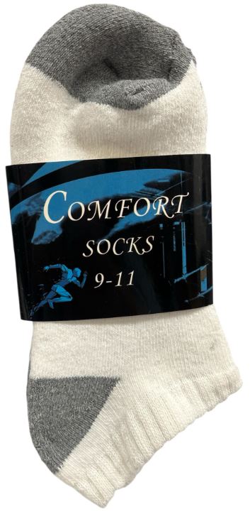L308 
2PK COMFORT SOCKS LOW CUT WHITE W/GREY HEEL & TOE 9-11
UPC 6223416781255
L408
2PK COMFORT SOCKS LOW CUT WHITE W/GREY HEEL&TOE 10-13
UPC 812462030521
120 CS PACK 
