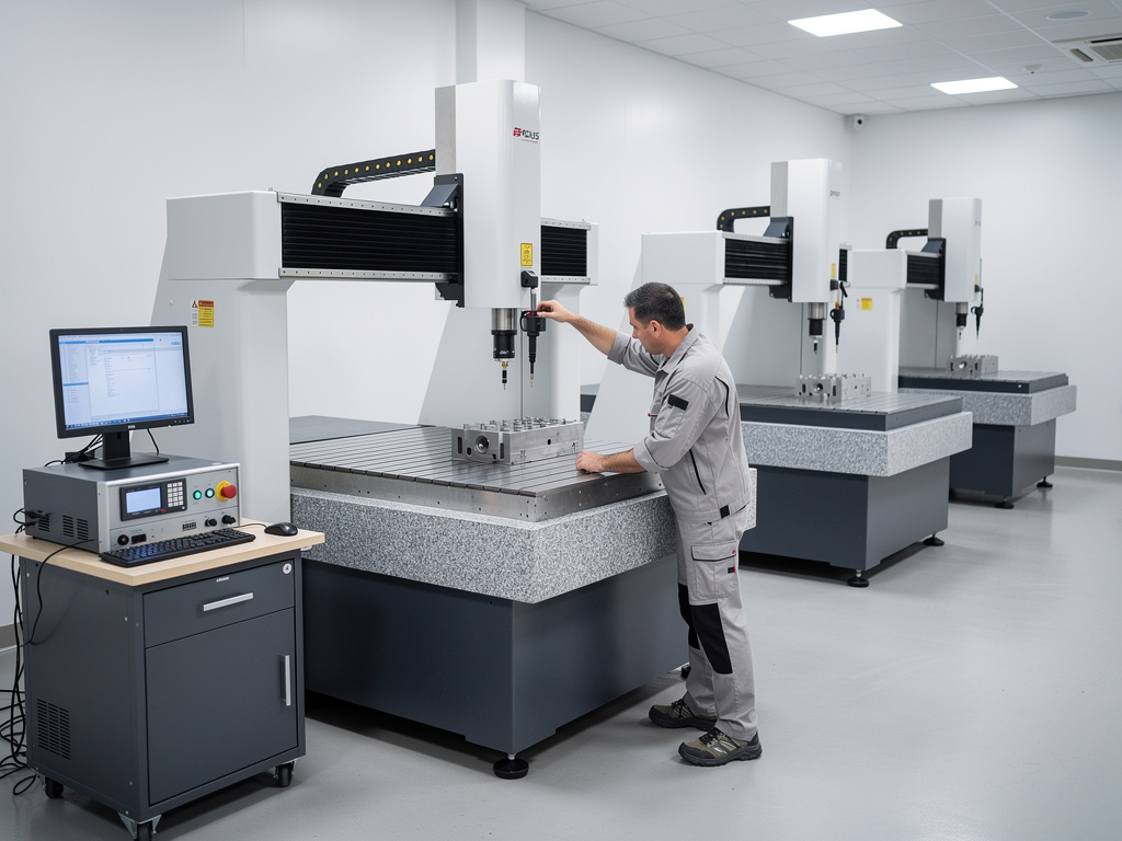 Técnico operando máquina de medición por coordenadas CMM en laboratorio de control de calidad industrial