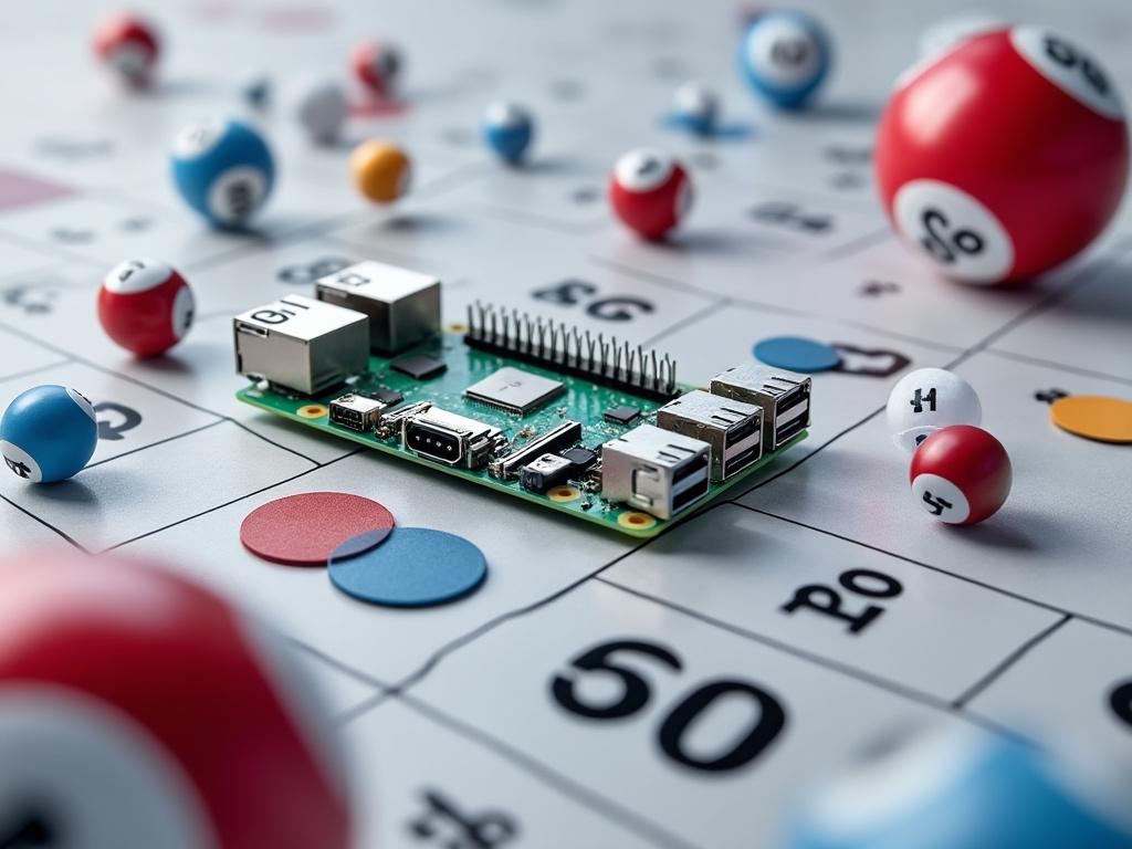 Close-up of a Raspberry Pi computer board placed on a periodic table with scattered lottery balls and colorful chips.