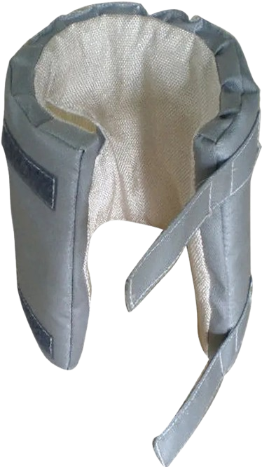 Collarín ortopédico de tela gris y beige con cierre de velcro.
