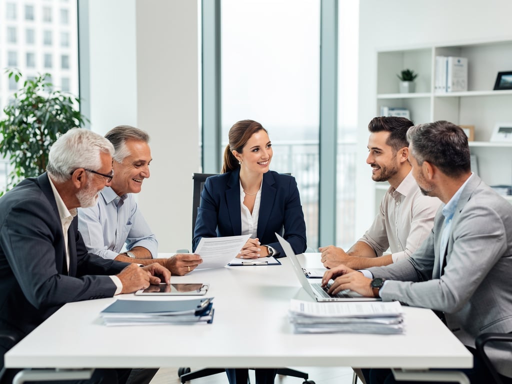Equipo de profesionales en reunión de negocios en oficina moderna con documentos y portátil