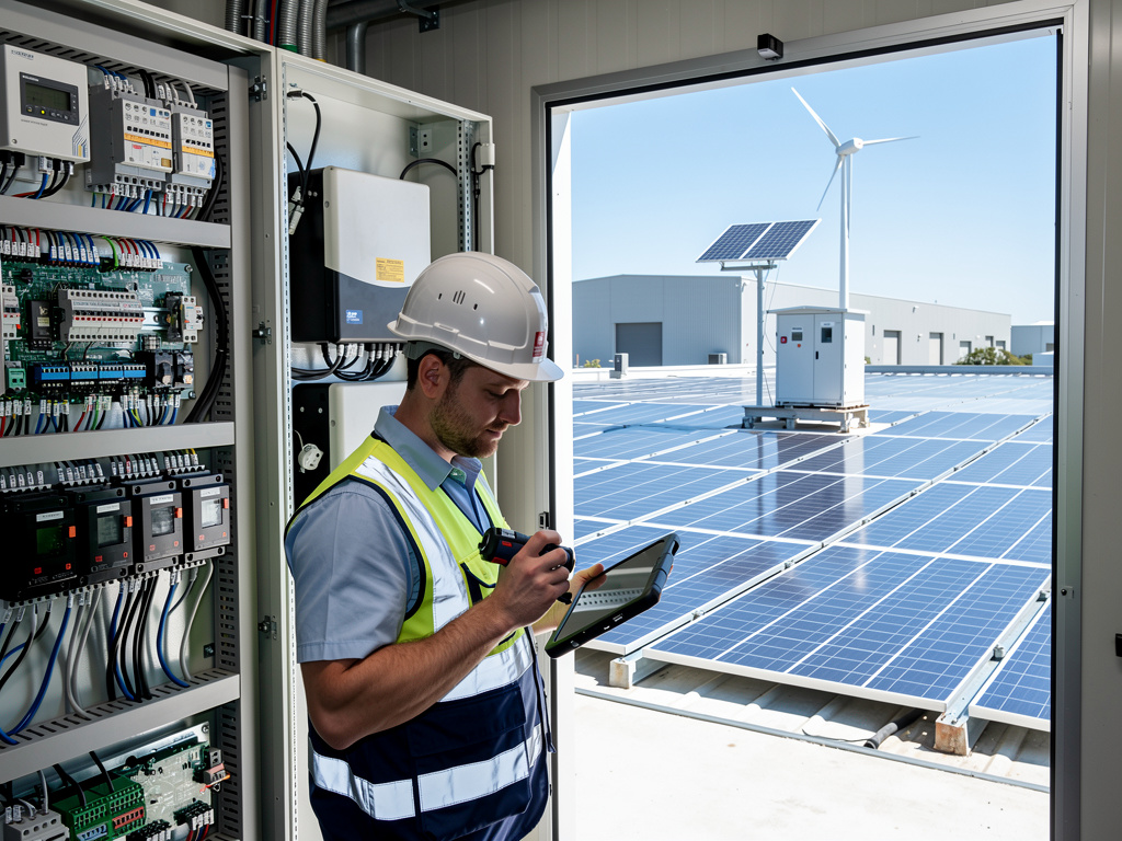 Renewable energy technician inspecting electrical control panel with solar panels and wind turbine on rooftop
